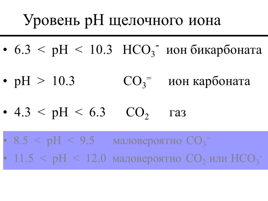 6.3 < pH < 10.3 HCO3- ион бикарбоната pH > 10.3 CO3= ион карбоната